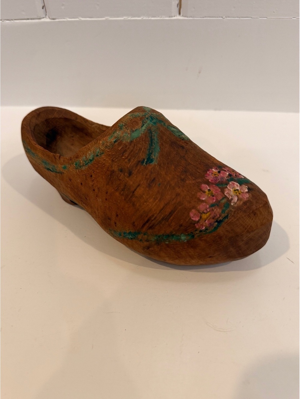 Vintage Hand Painted Wooden Clog Shoe Floral Decor